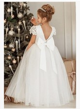 Lace Appliques Girl Dresses Tulle Party Pageant Ball Gown Dress Bow White Size 2
