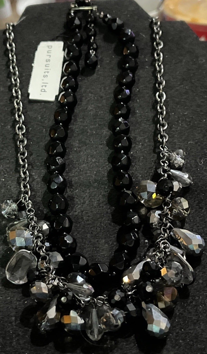 2 Black Crystal Statement Necklaces Gunmetal Chai… - image 1