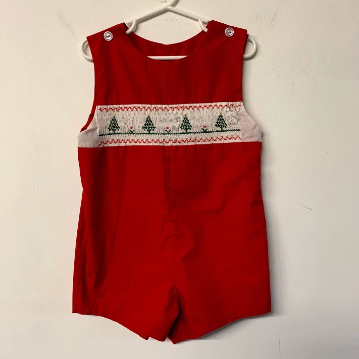 Винтажный красный рождественский комбинезон со сборками рождественские елки ручной работы детский размер 26 дюймов сундук - Изображение 2 из 4