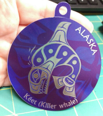 Alaska Foil Sticker - Totem style graphic Totemic Killer Whale Tlingit word Kéet