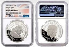 2023 UK £5 2oz LION AND EAGLE PF70 FDOI MERCANTI DESIGNED & SIGNED