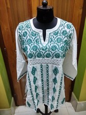L 42" ETHNIC 100 COTTON CHIKAN EMBROIDERY KURTI HANDMADE TOP KURTA TUNIC BLOUSE