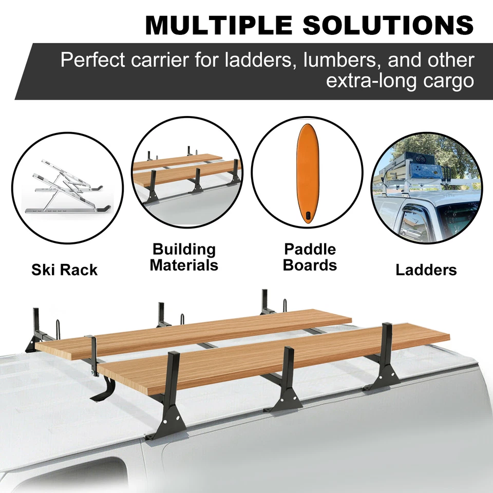 For Chevy Express GMC Savana 750LBS Fullsize Van 3 Bars Ladder Roof Rack Set Foto 4 de 4