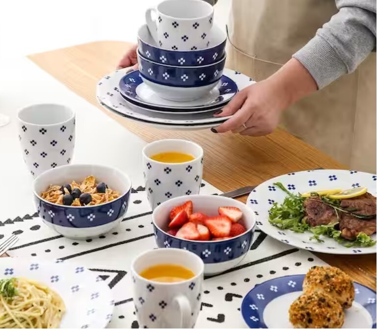 VEWEET  EDWIN 16-Piece White and Blue Porcelain Dinnerware Set Service for 4 NEW
