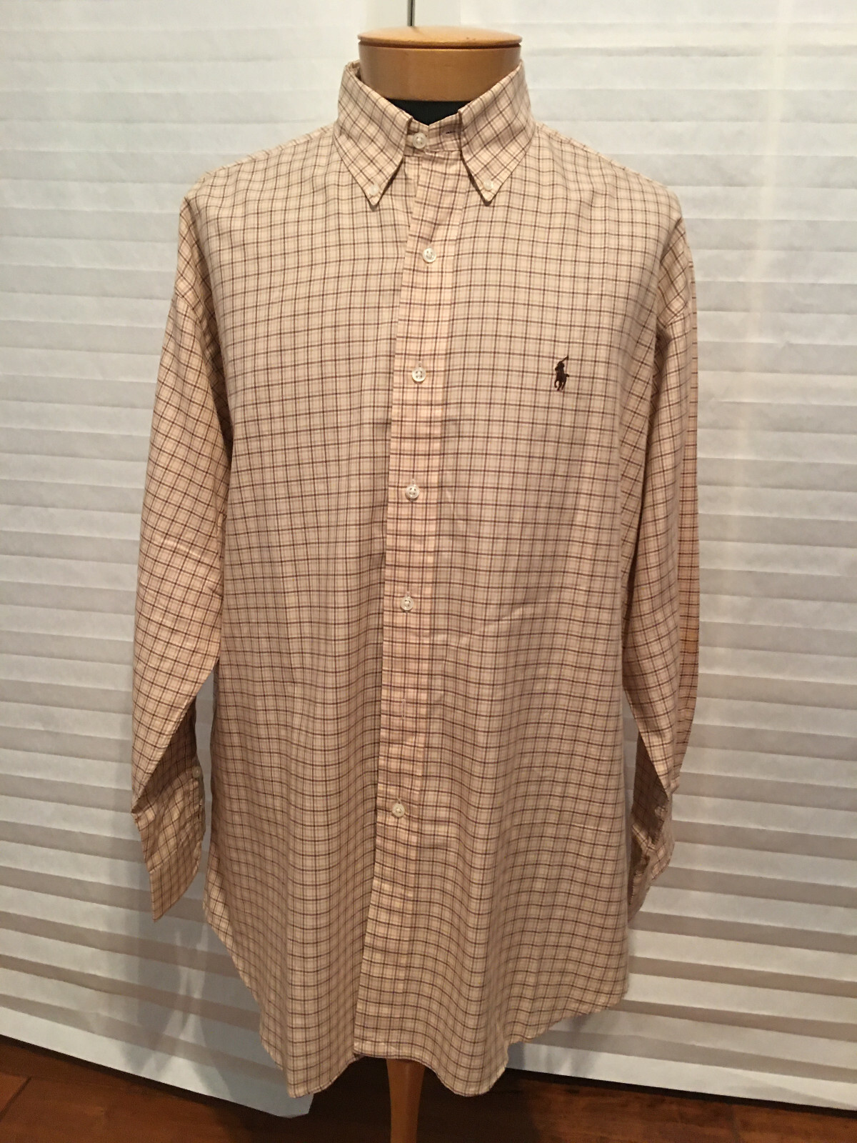 Polo RALPH LAUREN vestibilità classica beige marrone a quadri ricamata logo pony camicia L