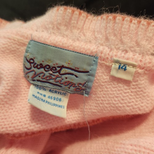 Vtg Sweet Notions Girls 14 Button Up Knit Cardigan Sweater Pink Ruffle Bow Neck - Picture 9 of 10