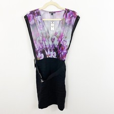 NEW Express Floral Ruched Bodycon Cocktail Dress Size Medium Belted Black Purple