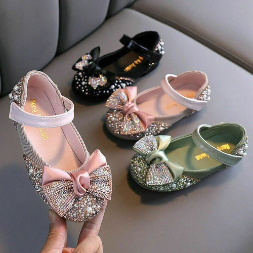 Children Leather Shoes Girls Party Dance Flats KidShoes Rhinestone Bow Princess* - Picture 3 of 18