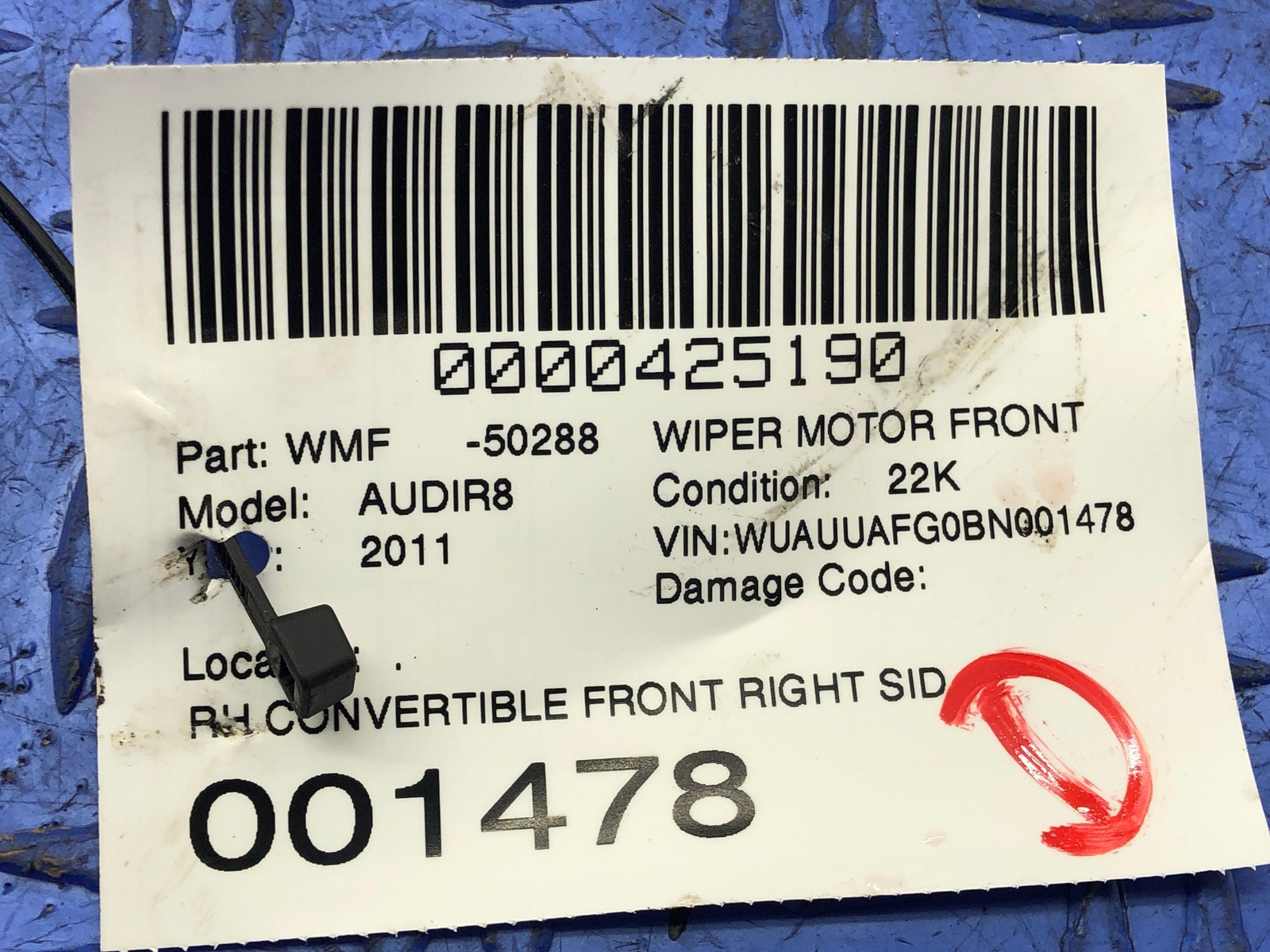 2011-2015 AUDI R8 CONVERTIBLE FRONT RIGHT SIDE WINDSHIELD WIPER MOTOR OEM