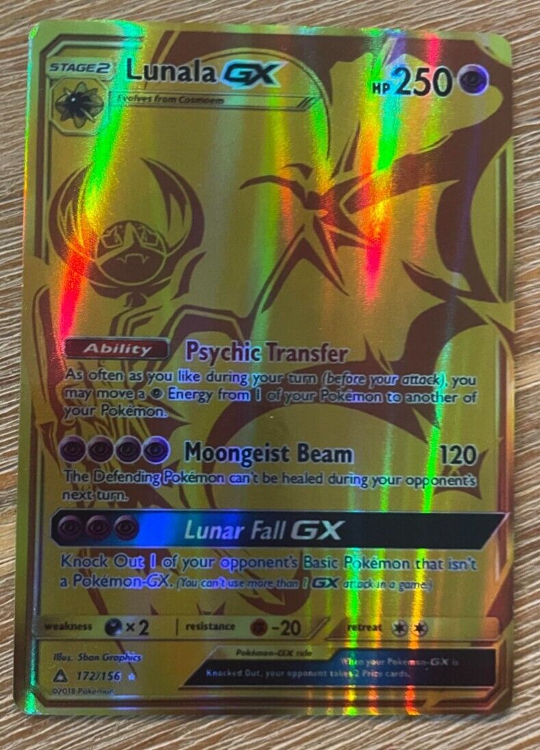 Pokemon Card Lunala GX Gold foil #172/156 Very Good Condition