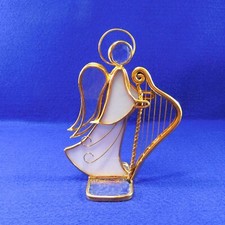Vintage White Stained Glass Angel w Harp Figurine / Suncatcher SIGNED 7"