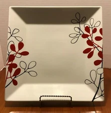 THE CELLAR ~ FOR MACY'S ~ "MULBERRY" SQUARE WHITE W/BLACK & RED 11" DINNER PLATE