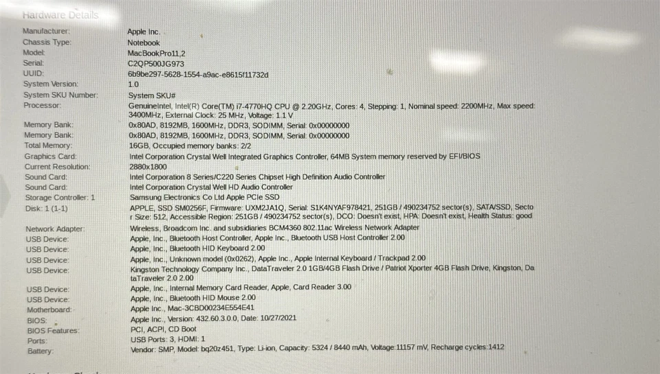 Apple MacBook Pro 11,2 A1398 Retina 15" i7-4770HQ 2.2GHz 16GB 251GB SSD Big Sur - Image 4 of 4