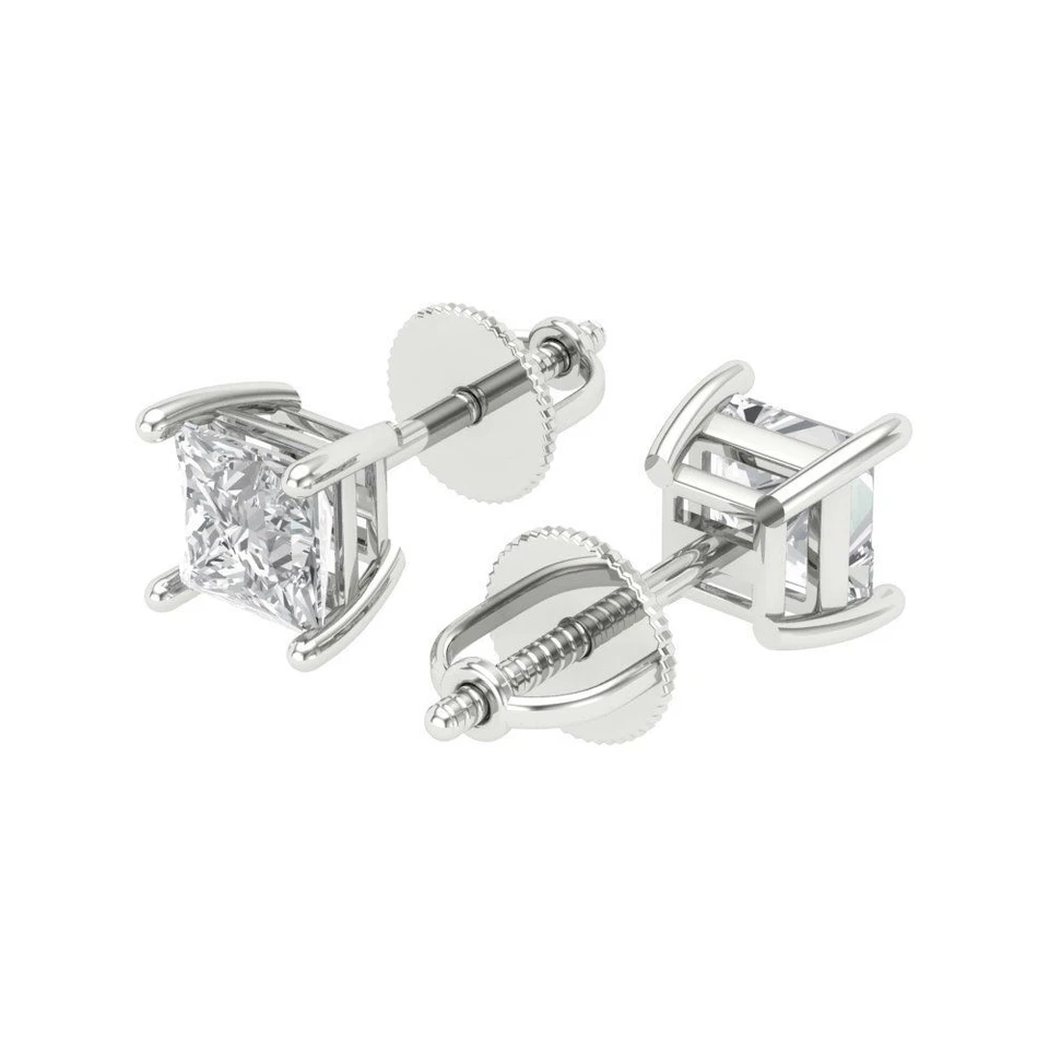 1.0 ct Princess Cut Solitaire Stud anniversary Earrings 14k White solid Gold - Image 2 of 4