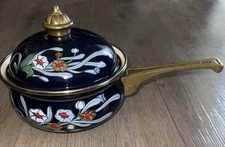 Vintage Enamel Sauce Pan Cobalt Blue Brass Handle Floral Enamel Japan Sanko