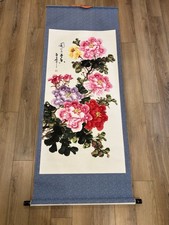 Vintage Chinese Scroll Water Painting Peony F...