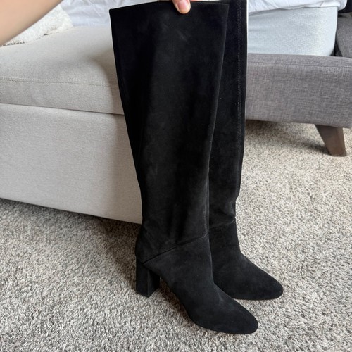 Banana Republic Black Suede Knee High Block Heel Boots Womens 7.5 Pointed Toe