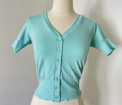 Now By Stefanel Women s Blue Cotton Short Sleeves Button Down Stretch Top XS