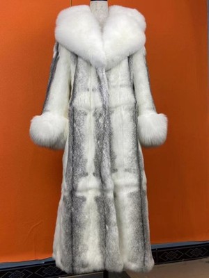 Fashion Womens Long Fox Fur Suit Collar Jacket Rabbit Fur Print Slim Warm Jacket