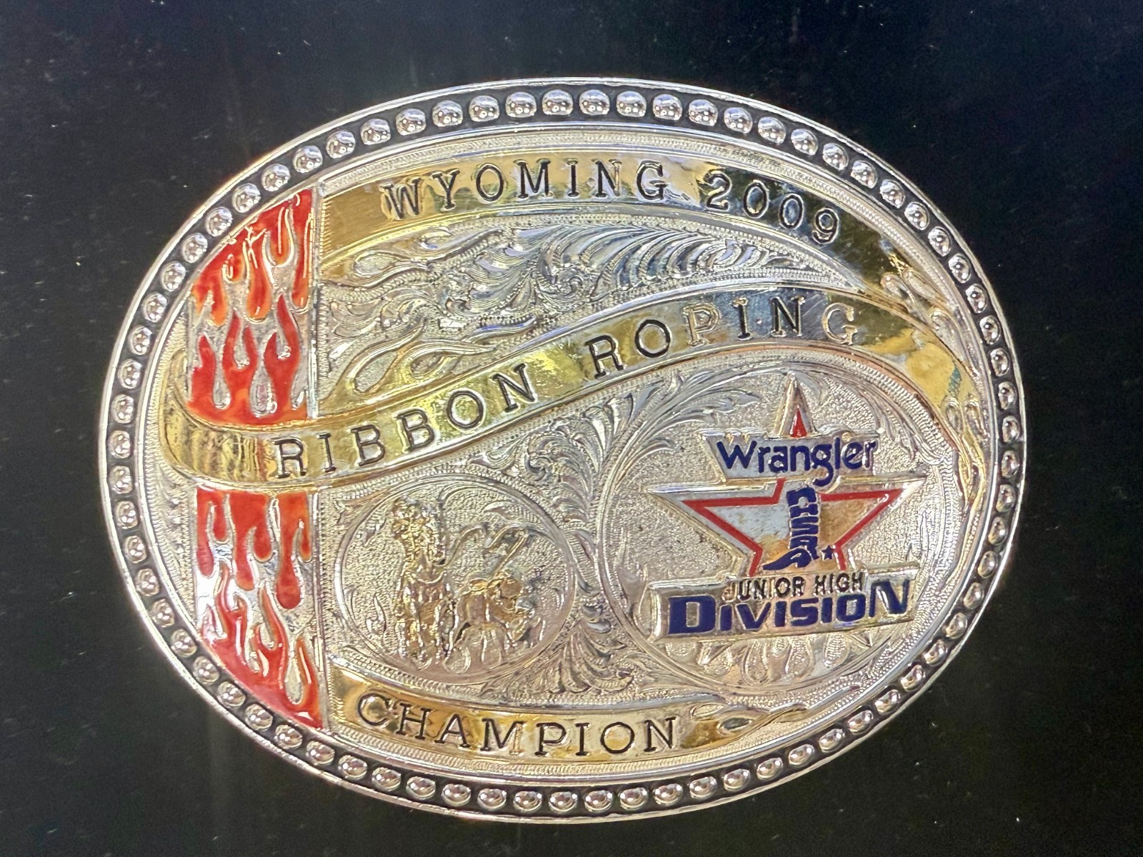 Wyoming JR High 09 Ribbon Roping Champion Wrangler Trophy Award Gist Belt Buckle