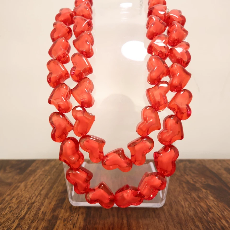 Red hearts jewelry set 2 necklaces Lucite beads romantic silvertone adjustable - Image 2 of 4