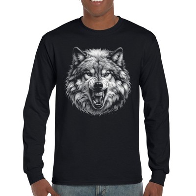 Snarling Wolf Portrait Long Sleeve T-shirt Fierce Monochrome Wild Animal Nature