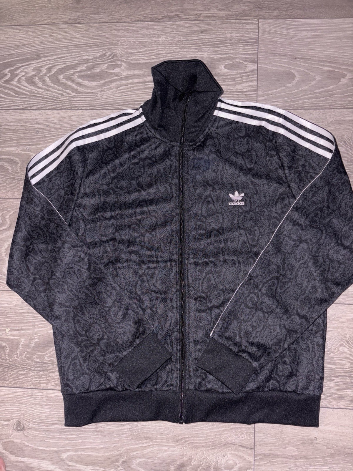 Adidas Track Jacket Size L – Black Tonal Animal Print 3-Stripes