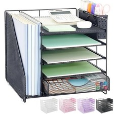5-Tier Desk Organizer with Drawer and Pen Holder, Black  Paper Letter Tray