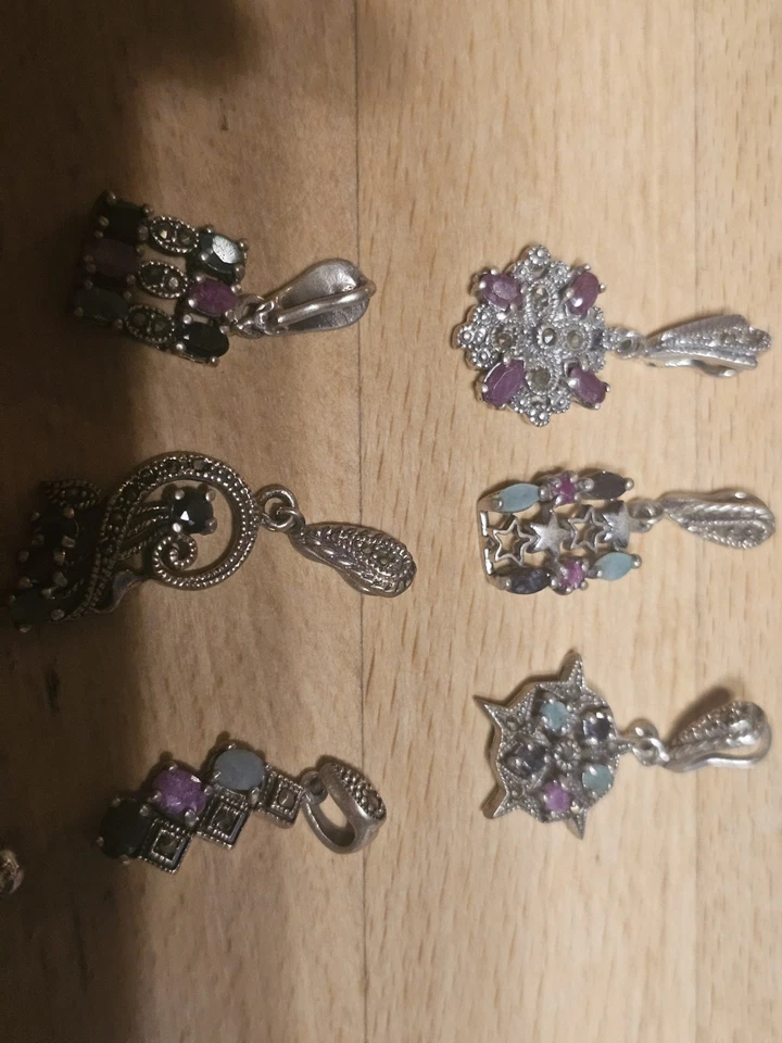 Konvolut 925 Silber Anhänger Mit Rubin, Smaragd Saphir, Markasit - Bild 3 von 3