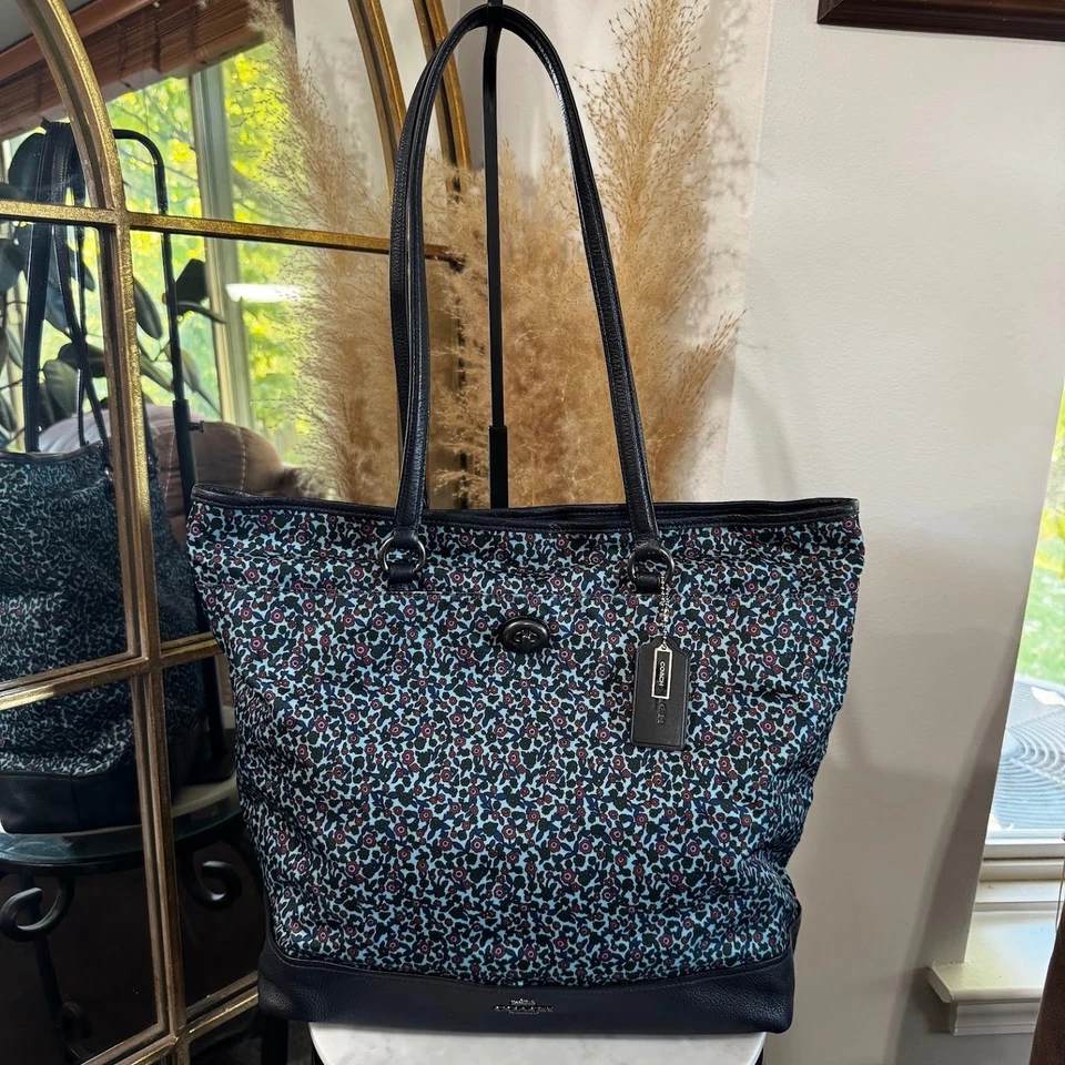 Coach F59435 Navy Floral Print Leather/Nylon Large Tote Shoulder Bag - Image 2 of 4