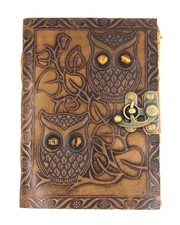 Handmade Vintage Embossed Leather Owl Journal with Tiger's Eye Gemstone Eyes,