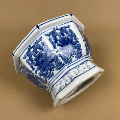 Orientalischer Keramik Übertopf Pflanztopf Blumenmuster Achteck Jardiniere Chinesisch Blau
