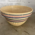 VTG  9 1/2 Wide Mixing Bowl Yellow Ware Ink & Blue Stripes 5 1/4” Tall