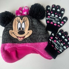 Disney Minnie Mouse Winter Beanie Hat  1 Pair Mittens Girls Pompom Ears Bow