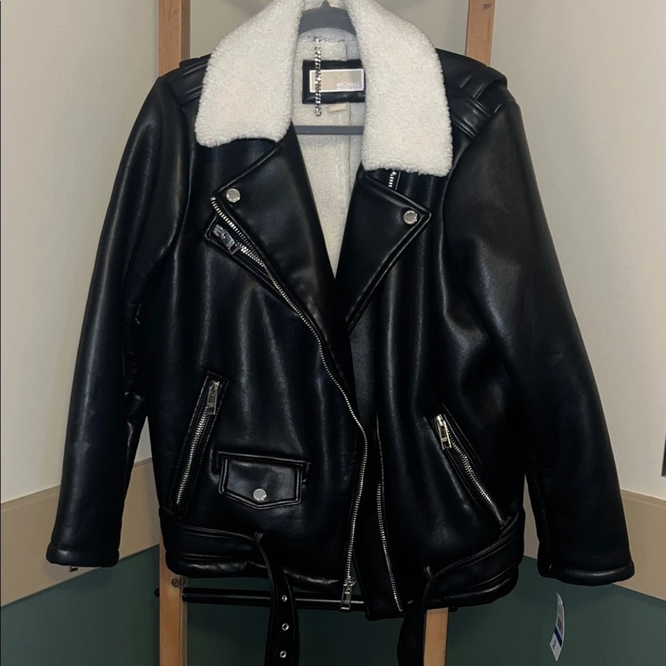 MICHAEL MICHAEL KORSShearling-Collar Leather Moto Jacket - Image 2 of 4