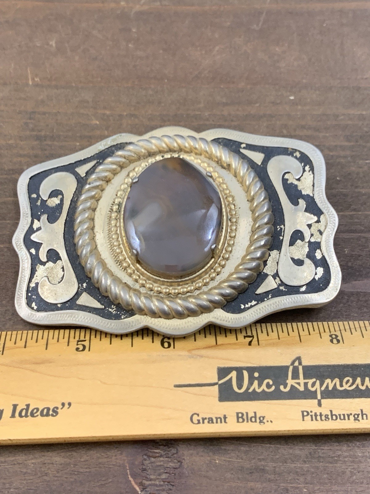 Vintage Brass Belt Buckle Center Agate Stone Natural Stone