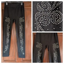Women's Leggings 16-18 Black Diamonte Floral Design Elasticated Stretchy New