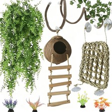 Leopard Gecko Tank Accessories. Reptile Hammock Vines Plants with Coconut She...