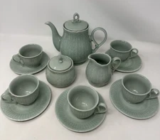 Vintage Chinese Celadon Tea Set Cups Pitcher Creamer Sugar Jade Green Color