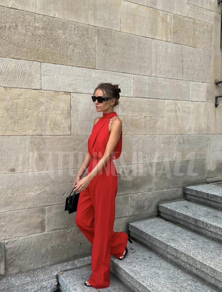 ZARA NEW WOMAN SS23 RED LONG HALTER NECK JUMPSUIT REF:0387/159 SALE