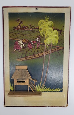 Vintage Hand Painted Asian Scene w/ 3D Wood House Rice Farming Palm Trees 