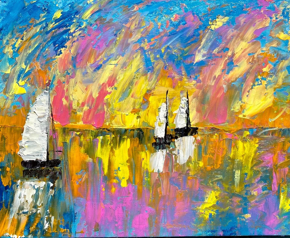 Cuchillo paleta pintura velero original puesta de sol en el mar paisaje marino texturizado Foto 2 de 4