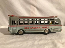 Masudaya Modern Toys MT Tin Friction Toy Bus "See America First" Japan RARE