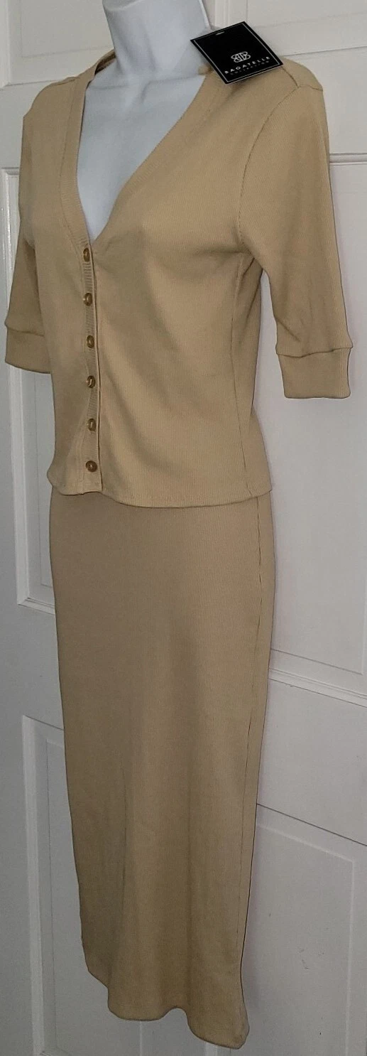 BAGATELLE camel Tan Stretch Cotton 2 Piece Midi pencil Skirt top set XS NWT