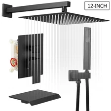 Shower Faucet Set Black System 12"Rainfall Head Combo Kit 3 Function Mixer Valve