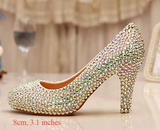 AB Crystal Iridescent Handmade Wedding Prom Bridal shoes High Low Heels Flat