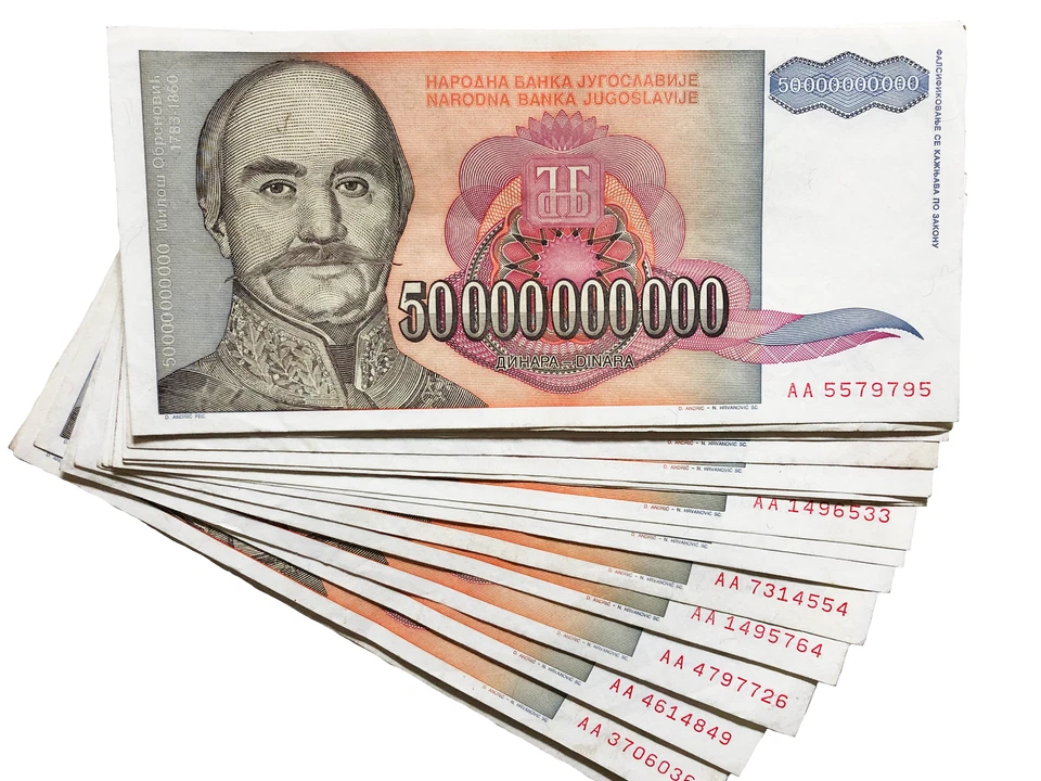 Yugoslavia 5 50 500 mil millones de dinara 1993 billetes hiperinflación moneda Foto 3 de 4