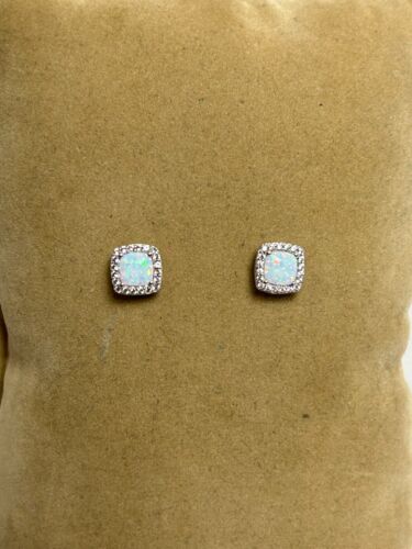CHARMING 10K WHITE GOLD OPAL & CZ ACCENT STUD EARRINGS - Picture 4 of 17