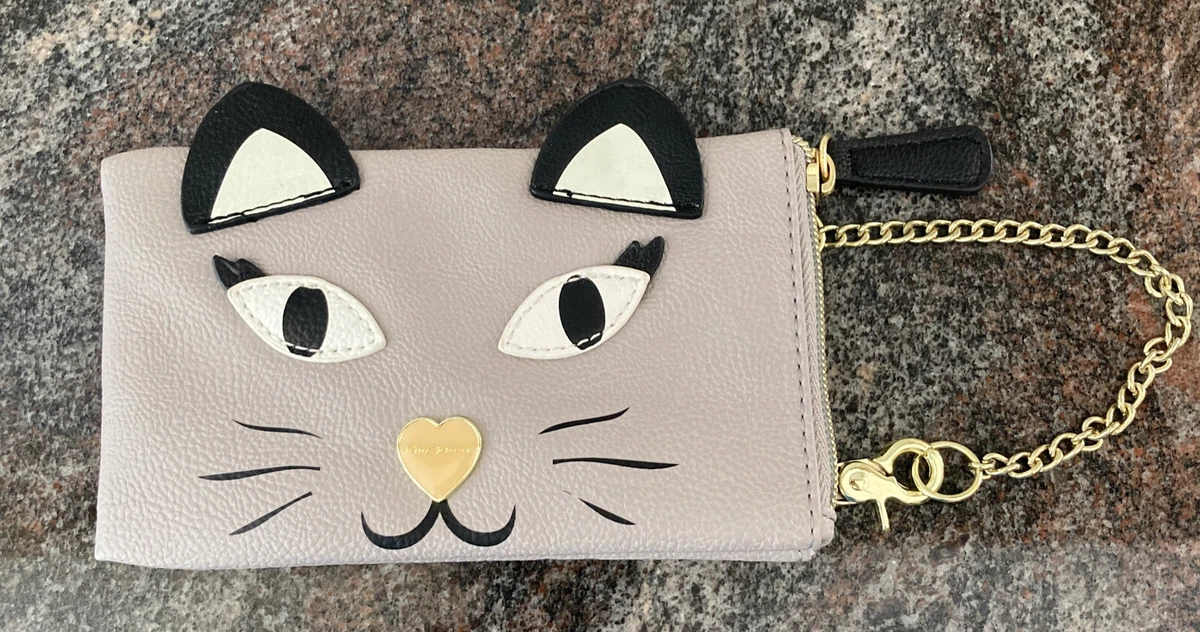 Betsey Johnson Grey Kitty Cat Face Zippered Wristlet Phone Holder