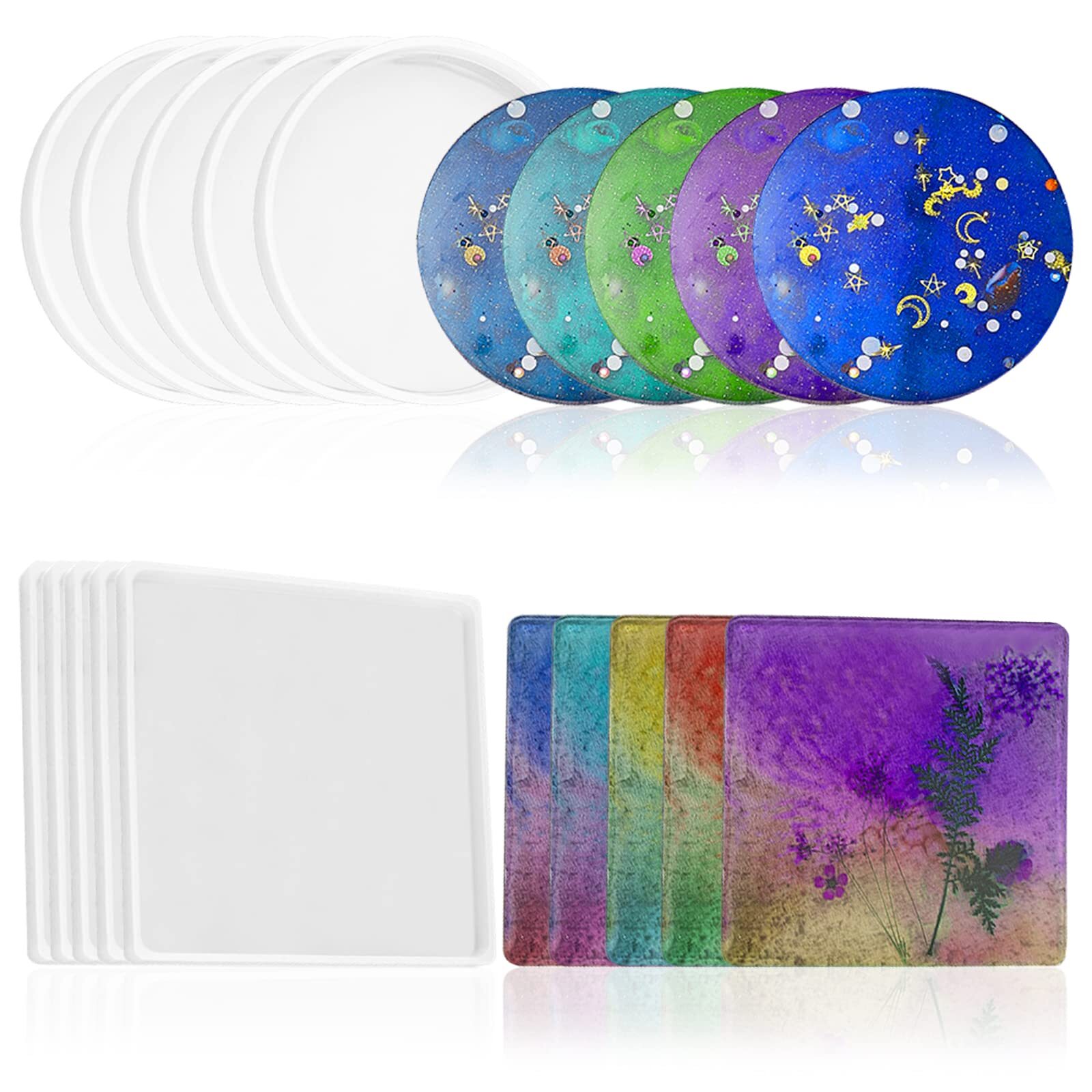 10 Pieces Coaster Resin Molds Set, 5 Pieces Round and 5 Pieces Square Silicon...